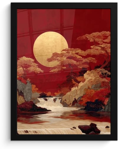 Poster in lijst - Fotolijst 30x40 cm - Posters - Volle maan - Landschap - Waterval - Posterlijst zwart - Decoratie - Wanddecoratie woonkamer - Muurdecoratie slaapkamer