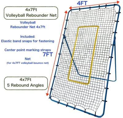 Volleybal Rebounder Net 1,2 x 2,1 m - 5 Hoek Rebounds voor Volleybal Training - Inclusief U-vormig Anker en Bungee Koorden