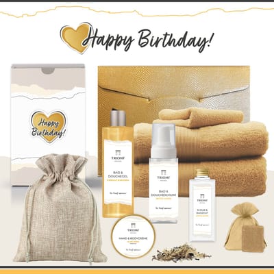 Geschenkset “Happy Birthday!” - 9 producten - 1940 gram - Triomf Cosmetica | Giftset voor haar Cadeau Valentijnsdag Luxe wellness Cadeaubox Vrouw Cadeaupakket Collega Kerst Kerstpakket Geschenk Moeder Moederdag Pakket Verjaardag Gift Set Geel
