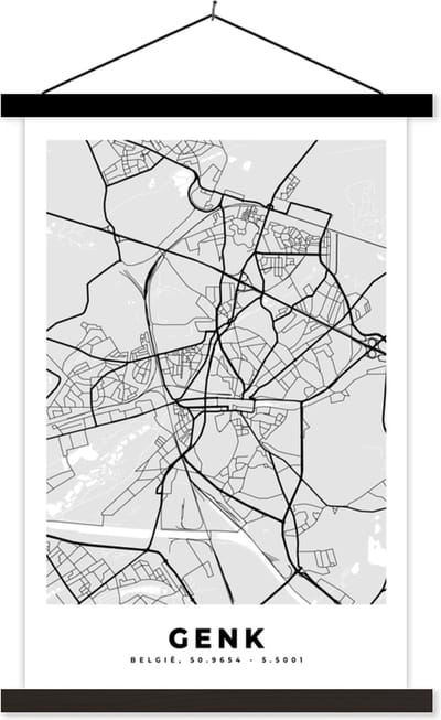 Posterhanger incl. Poster 40x60 cm - Schoolplaat - België – Genk – Stadskaart – Kaart – Zwart Wit – Plattegrond - Textielposter - Zwarte latten - Stadskaart