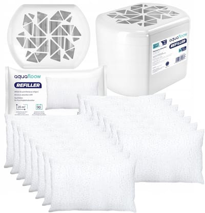 Aquafloow set luchtontvochtiger vochtstopper + 15x Vochtvanger navulling 250g, granulaat, ontvochtiger vermindert muffe geuren, vocht absorber, navulbaar, voor kamer, badkamers, kelder, garage
