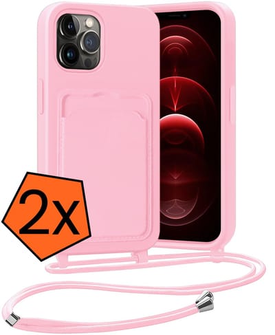 Hoesje Geschikt voor iPhone 13 Pro Hoesje Met Telefoonketting Pasjeshouder Case Koord - Hoesje Geschikt voor iPhone 13 Pro Hoes Met Kaarthouder - Lichtroze - 2 PACK