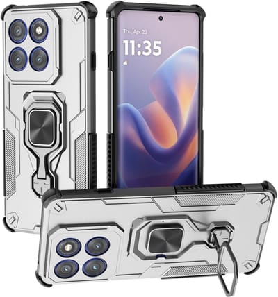 MobyDefend Hoesje - Geschikt voor Motorola Edge 60 Pro - Dubbelgelaagde Pantsercase Met Standaard - Zilvergrijs