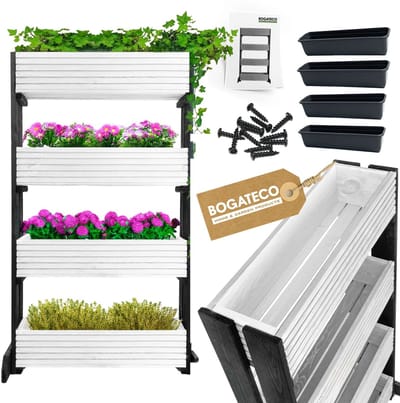 BOGATECO | Set van 4 bloempotten op standaard | Set van 4 bloempot plantenbakken 64x20cm | Houten bloempotten voor tomaten en bloemen, plantenbak voor tuinbalkon | 120cm hoog | Wit
