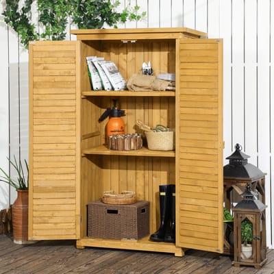 REDOM - Tuinkast - 3 Planken - Lameldeuren - Nostalgisch - Voor De Tuin - Hout - Naturel - 87 X 46,5 X 160 Cm