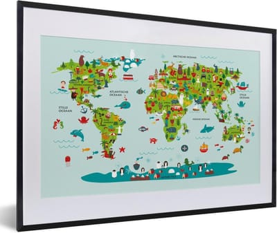 Wereldkaart Kinderen - Kleuren - Groen - Schoolplaat - Kinderkamer - 60x40 cm