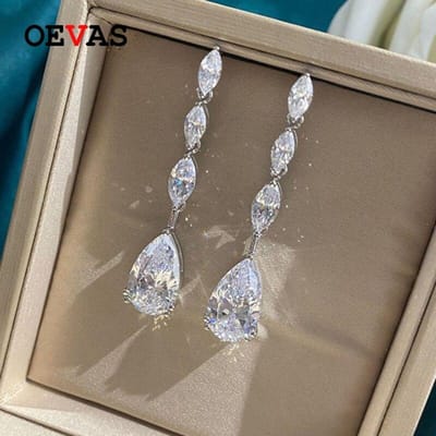 OEVAS 100% 925 Sterling Zilver Druppeloorbellen Sprankelende Hoge Koolstof Diamant Waterdruppel Bruiloft Feest Bruids Fijne Sieraden Cadeaus gray