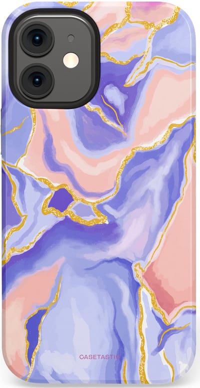Casetastic hoesje geschikt voor Apple iPhone 12 Mini - Dubbellaagse bescherming - Riviergloed - Fashion Case - Lavendel Lichtgrijs Zand Lichtroze