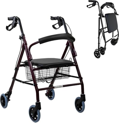 JCP® Rollator - Laadvermogen tot 120 kg - Rollator Lichtgewicht en Opvouwbaar - Rollators Binnen en Buiten - Bordeaux - 77cm x 60cm x 93cm