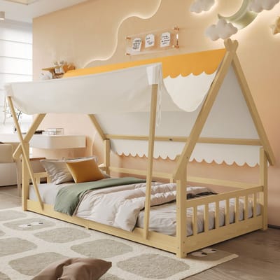 Eenpersoonsbedden - 90x200cm - Houten Kinderbed Met Exquisite Huisdesign - Afneembaar Tent - Stabiele Lattenbodem + Veiligheidshek - Kiefer + Multiplex - Naturel