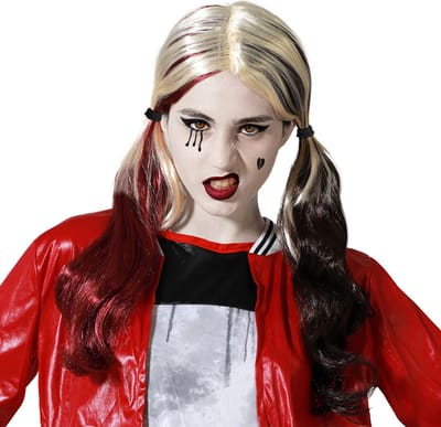Atosa Halloween verkleedpruik lang haar met staartjes - zwart/blond/rood - dames