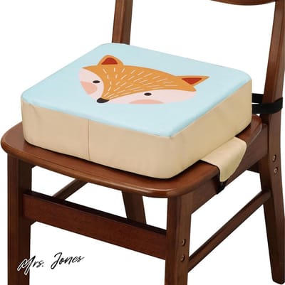Mrs. Jones Stoelverhoger voor kinderen 10 cm - 32 x 32 x 10 cm - Stoelverhoger voor eetkamerstoel - Makkelijk mee te nemen - Katoen en schuim - Vos print .