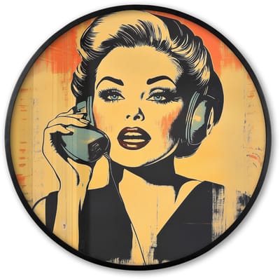 Poster in lijst Rond - Fotolijst 60x60 cm - Posters - Retro - Vrouw - Koptelefoon - Oranje - Ronde posterlijst zwart - Decoratie - Wanddecoratie woonkamer - Muurdecoratie slaapkamer