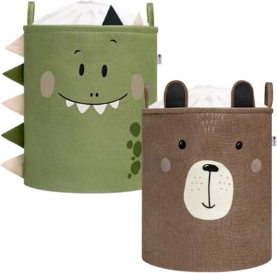 SIPO Speelgoedmand - Opbergbak - Opbergmand - Set van 2 - Bruine Beer & Groene Dino Design - Opvouwbare Katoen Mand - Voor Speelgoed & Kleding - XXL - 63 Liters - 40 x 40 x 50 cm - Bruin & Groen