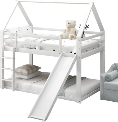 Stapelbed 90 x 200 cm met glijbaan, ladder en valbeveiliging - Kinderbed, Hoogslaper - Wit