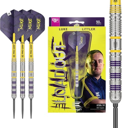 Target Darts Luke Littler Loadout Steel Tip Swiss Point Darts, 90% Tungsten Dart, 24G | Steel Tip Dart Set, Player Edition Swiss Points Dart Sets met Gereedschap, Pro Grip Shafts & No.2 Flights