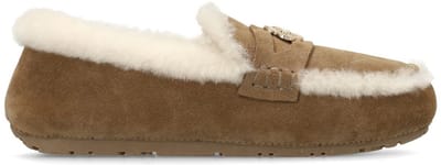 Manfield - Dames - Taupe suède pantoffels met bontrand - Maat 38