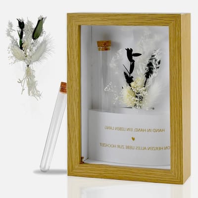 Houten trouwcadeau box met fotolijst en gedroogde bloemen, unieke geschenkideeën voor bruiloften, decoratieve testbuisjes en meer