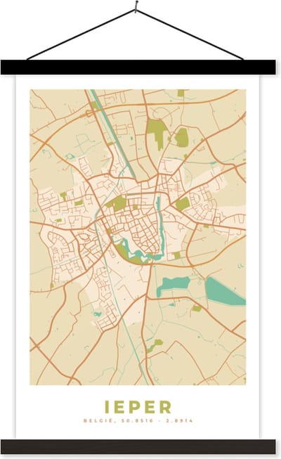 Posterhanger incl. Poster 40x60 cm - Schoolplaat - Stadskaart - Ieper - Kaart - Vintage - Plattegrond - Textielposter - Zwarte latten - Stadskaart