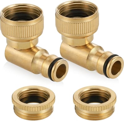 Messing haakse kraanverbinding - 2 stuks 2-in-1 buitenkraanconnector 1/2" & 3/4", 90° elleboog slangconnector voor tuinslang