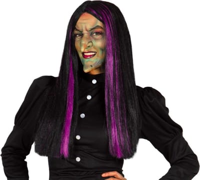 Fiestas Guirca - Pruik Heks Zwart haar met paarse strepen - Halloween Pruik - Halloween accessoires - Halloween outfit - Pruiken - enge pruiken