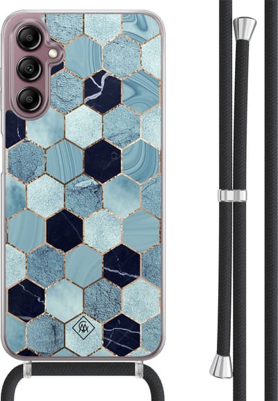 Casimoda® hoesje met koord - Geschikt voor Samsung A14 - Blue Cubes - Afneembaar koord - TPU/acryl - Blauw
