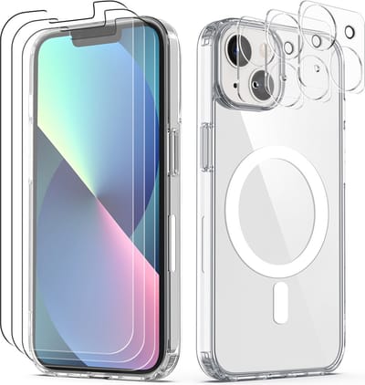 Podec Magsafe Hoesje Geschikt voor iPhone 13 Mini - Met 3x Screenprotector + 3x Cameraprotector - Magnetisch met Ring Doorzichtig - Telefoonhoesje Transparant Case