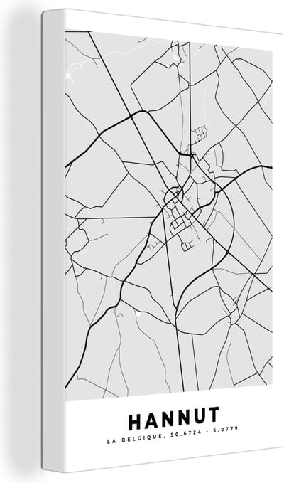 Canvas Schilderij Zwart Wit – België – Plattegrond – Stadskaart – Kaart – Hannut - 20x30 cm - Wanddecoratie