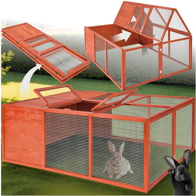 tectake® Konijnenren - 150 x 103 x 53 cm - Ren voor Knaagdieren met Dakopening en Open Bodem - Opvouwbaar Konijnenhok - Gelakt Hout met Fijnmazig Rooster - Geen Montage Nodig