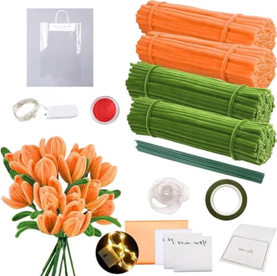 Tulpenbloem Boeket Knutselset met Schoonmaakpijpen, Groene Stokken, Lijmtape en Versieringen voor Creatieve Projecten