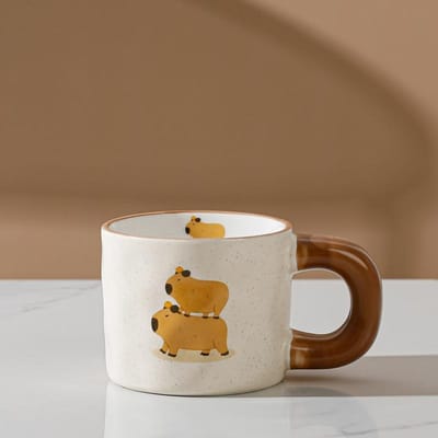 Schattige Dieren Mok Capibara Keramische Kop Thuis Kantoor Drinkbeker Waterbeker met Deksel Lepel 301-400ml brown