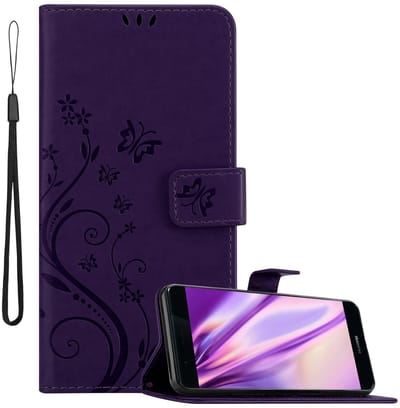 Cadorabo Hoesje geschikt voor Huawei P9 in BLOEMEN DONKER PAARS - Beschermhoes in bloemmotief met magnetische sluiting, standfunctie en kaartsleuven Book Case Cover Etui