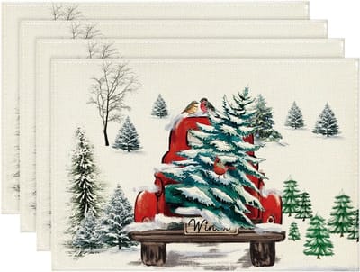 Waterclor Sneeuwboom Truck Kerst Placemats Set van 4, 30 x 45 cm Seizoensgebonden Winter Xmas Vakantie Vintage Wasbare Tafelmatten Set van 4