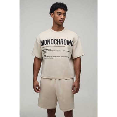 Oversized Boxy Bonded Scuba T-shirt & Relaxed Short Set Met Hoogopgebouwde Rubberprint | Stone | Size XS