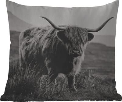 Tuinkussen - Schotse hooglander - Natuur - Koeien - Dieren - Zwart wit - 40x40 cm - Weerbestendig