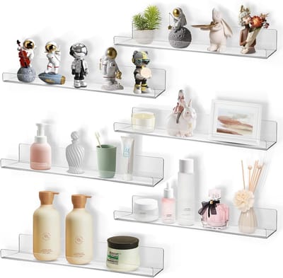 Acryl Heldere Planken - 6 Stuks, 15 Inch Wandopslag Organizer Drijvende Plank voor Badkamer, Slaapkamer en Keuken, Waterdichte en Transparante Planken voor Diverse Ruimtes