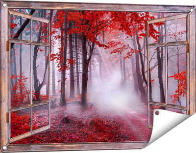 Gards Tuinposter Doorkijk Rood Bos met Bomen - 90x60 cm - Tuindoek - Tuindecoratie - Wanddecoratie buiten - Tuinschilderij