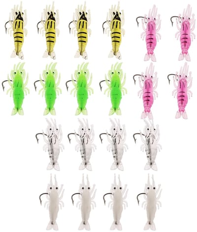 Dailygoods- Garnalen Kunstaas 20 Stuks - Zacht Vis Aas - 3,5 cm - Vijf Kleuren - Effectief voor Zeebaars/Zoutwatervissen - Realistische Details - Visaas
