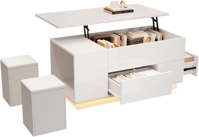 MODFU Salontafel 100x50x45 cm van spaanplaat, verstelbaar 4-in-1 met LED, 2 laden en opbergruimte, wit