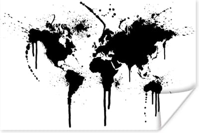 Wereldkaart - Inkt - Zwart - Wit - Kinderen - Jongens - Meisjes - 30x20 cm - Poster - Poster Kinderkamer