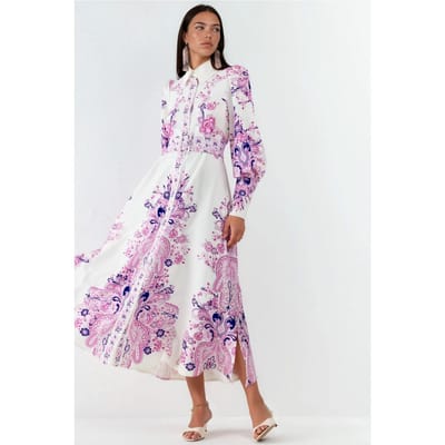 Paisley Print A-Lijn Maxi Jurk met Overhemdkraag