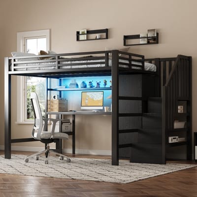 Wishdor – Hoogslaper met bureau, kast en opbergtrap – 140 x 200 cm – Metaal en MDF – Zwart – Inclusief ledverlichting en kledingroede – 150 kg draagvermogen – Strak en modern