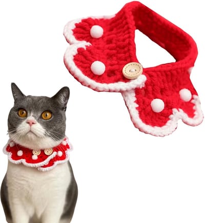 Kerst Kraagje voor Katten - Rood Wit Gebreide Halsband - Verstelbaar - met Pompoms - Kerst Accessoire Katten en Poezen - Kattenkleding - Maat S