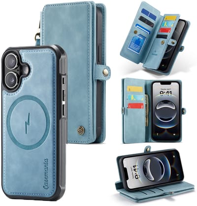 Casemania Hoesje Geschikt voor Apple iPhone 17 - Aqua Blue - Geschikt voor MagSafe - Luxe Kunstlederen 2 in 1 Kunstlederen Portemonnee Book Case met Extra Vakken