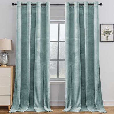 Fluwelen Gordijnen Set Van 2, 117 X 137CM(BxH), Thermisch Verduisteringsgordijn, Ondoorzichtig Gordijn Met Oogjes, Thermogordijn Woonkamer Slaapkamer, Geluidsisolatie, Groen Grijs