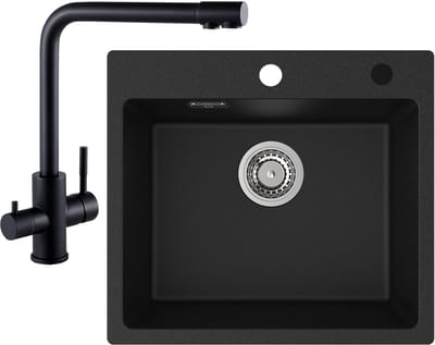 CECIPA max Spoelbak voor keuken 50x45cm - Granieten spoelbakken Met 3 Wege Keukenkraan - Spoelbakken Keuken Zwart - Met waterafvoersysteem