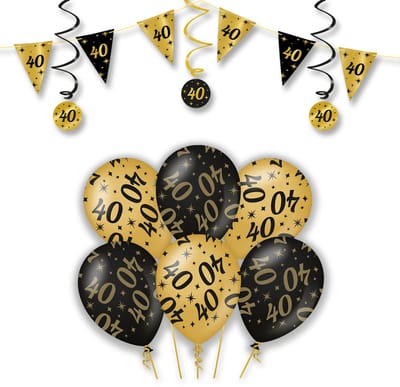 LUQ – Statement Set 40 Jaar – Zwart-Goud – Verjaardag Party Feestpakket Decoraties – Luxe Ballonnen-Slingers-Vlaggenlijn