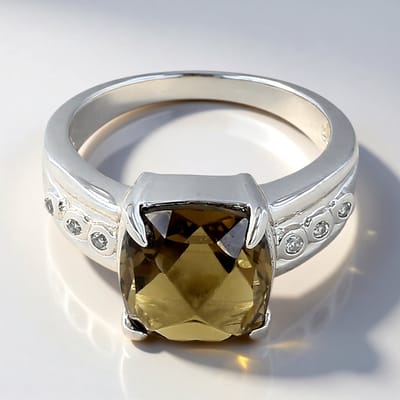Cavill - Verrukkelijke Zilveren Ring met 4,69 ct Cognac Kwarts en 0,066 ct Witte Topaas - 925 Sterling Zilver - Braziliaanse Edelsteen