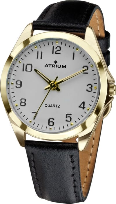 ATRIUM Horloge Dames - Goud - Analoog - Leer Zwart - Lederen Bandje - Verstelbaar - Duidelijk - Quartz uurwerk- Edelstalen sluiting - A11-20