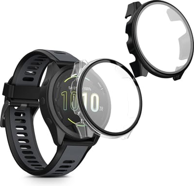 kwmobile 2x cover geschikt voor Garmin Forerunner 165 / Forerunner 165 Music - Fitnesstracker cover van gehard glas en kunststof frame set transparant / zwart